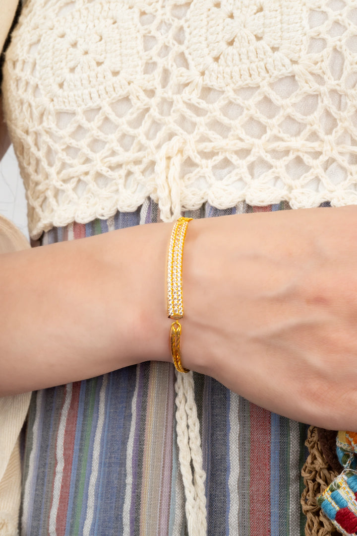 Vòng Tay Bản Tấm Khắc Máy Đính Đá CZ Vàng 16K Bảo Tín K&K