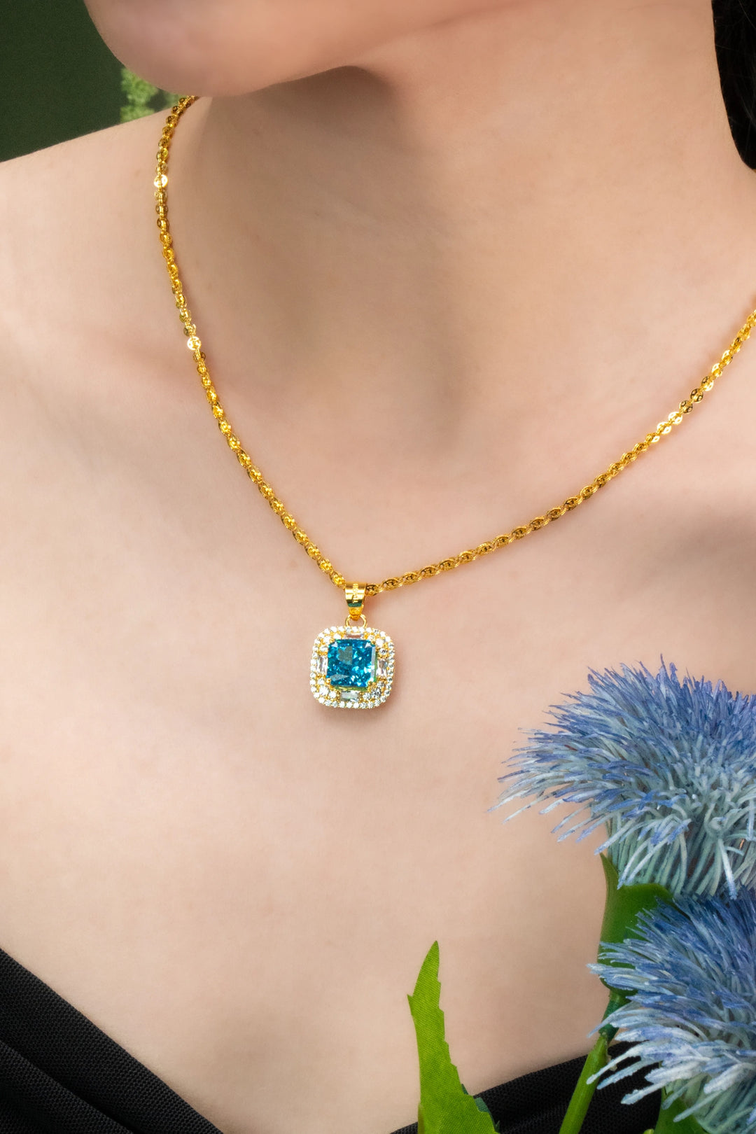 Mặt Đá Vuông Xanh Dương Đính Đá CZ Vàng 16K Bảo Tín K&K