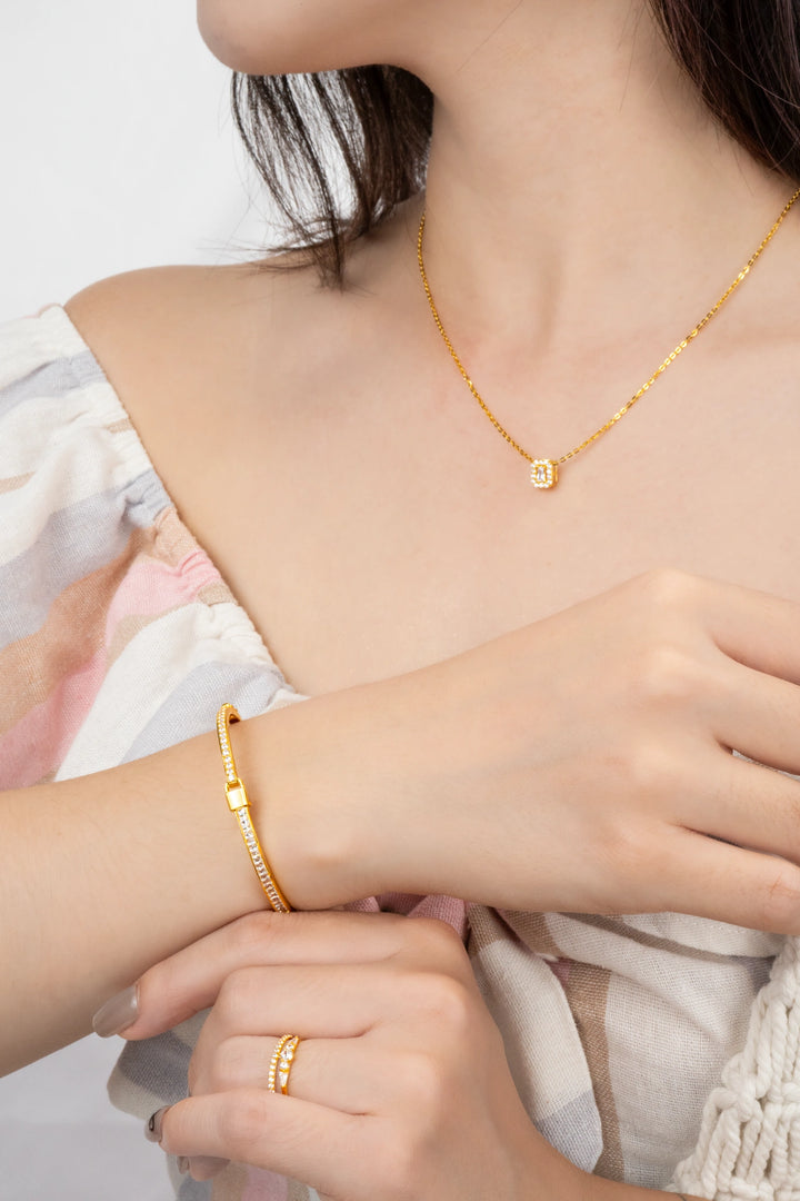 Vòng Tay Ổ Khoá Tấm Baguette Đính Đá CZ Vàng 16K Bảo Tín K&K