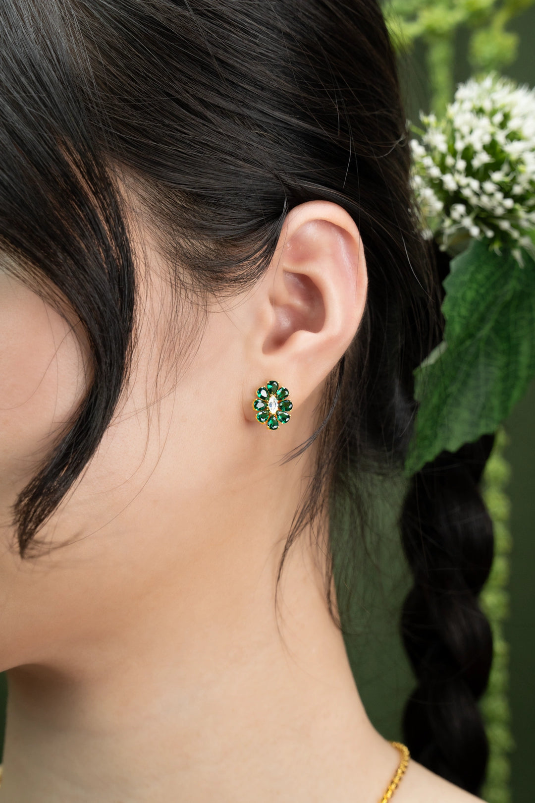 Bông Tai Kiểu Đá Xanh Lá Đính Đá CZ Vàng 16K Bảo Tín K&K