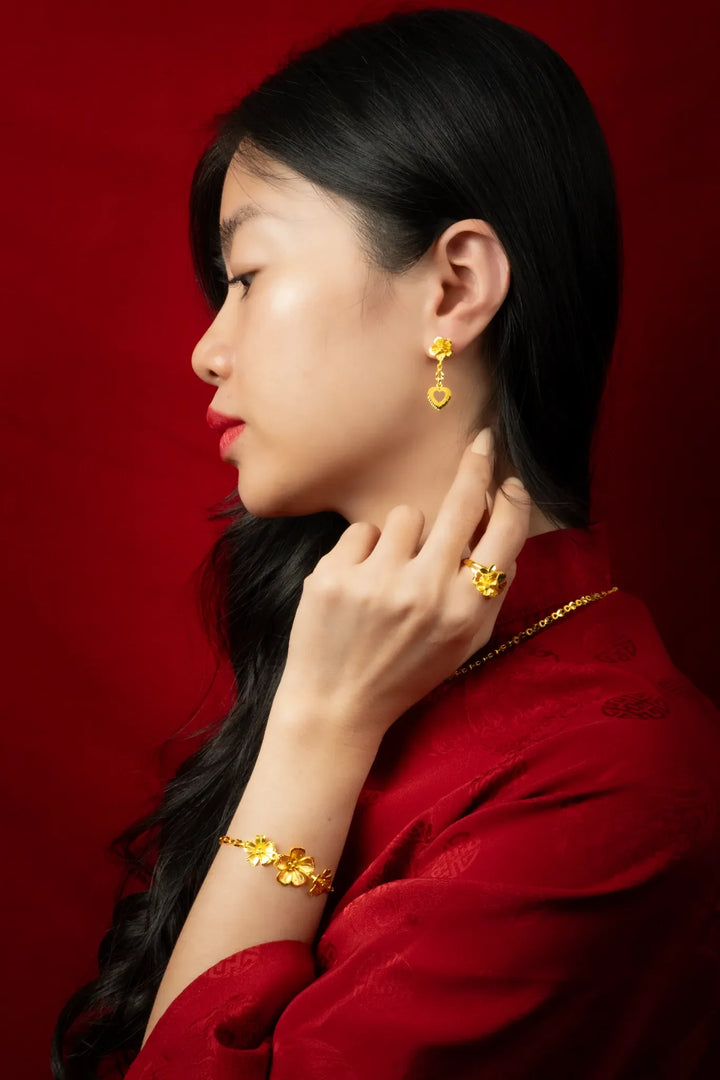 Bông Tai Hoa 5 Cánh Charm Trái Tim Vàng 23K Bảo Tín K&K