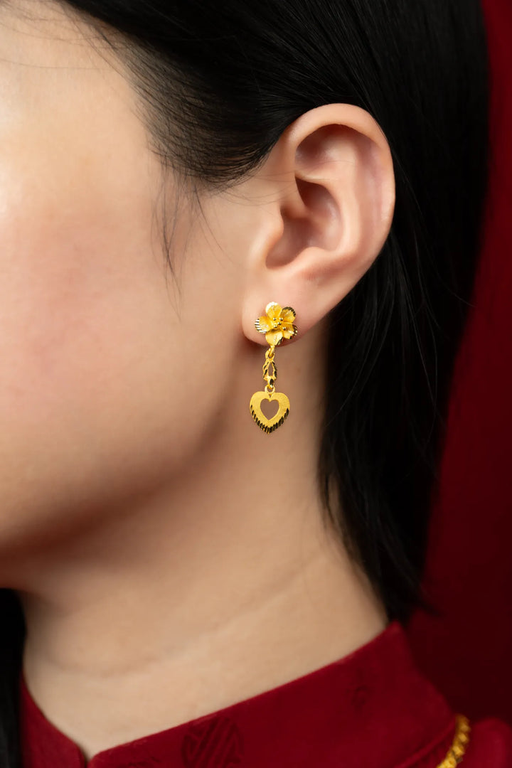 Bông Tai Hoa 5 Cánh Charm Trái Tim Vàng 23K Bảo Tín K&K