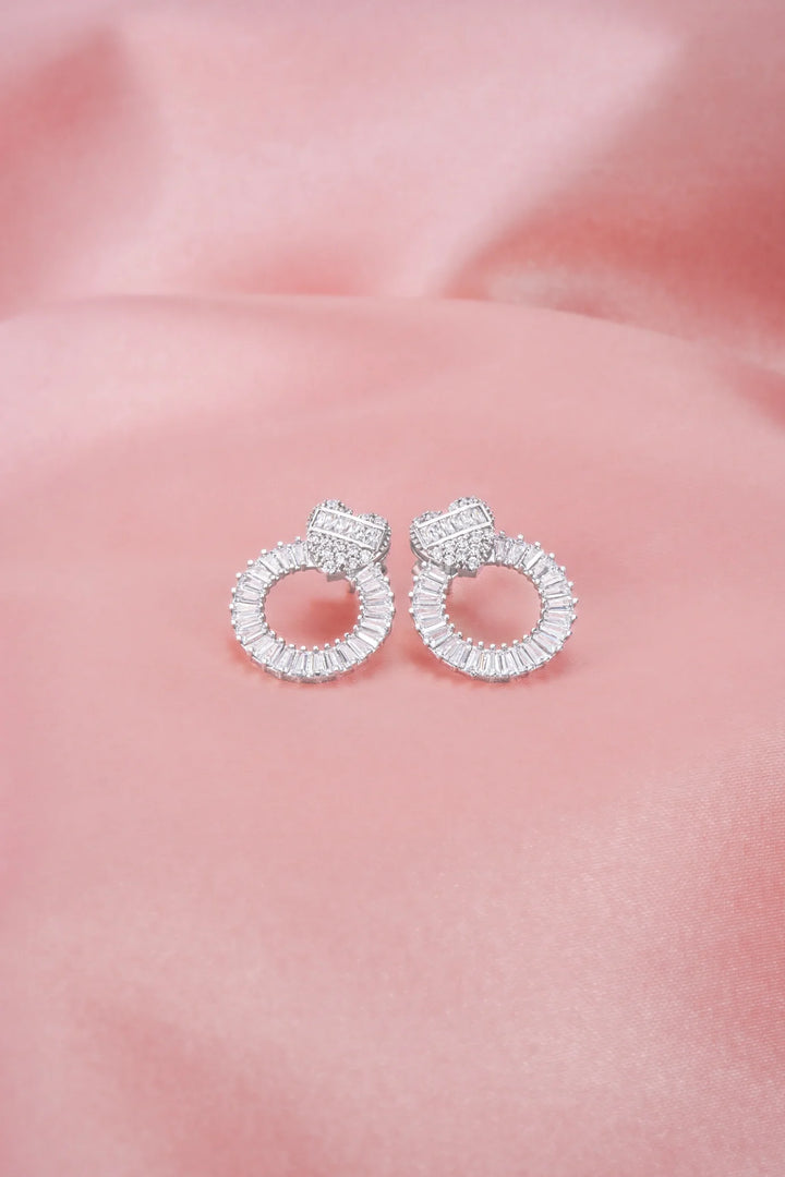 Bông Tai Tròn Tim Baguette Đính Đá CZ Kiểu Ý Bảo Tín K&K