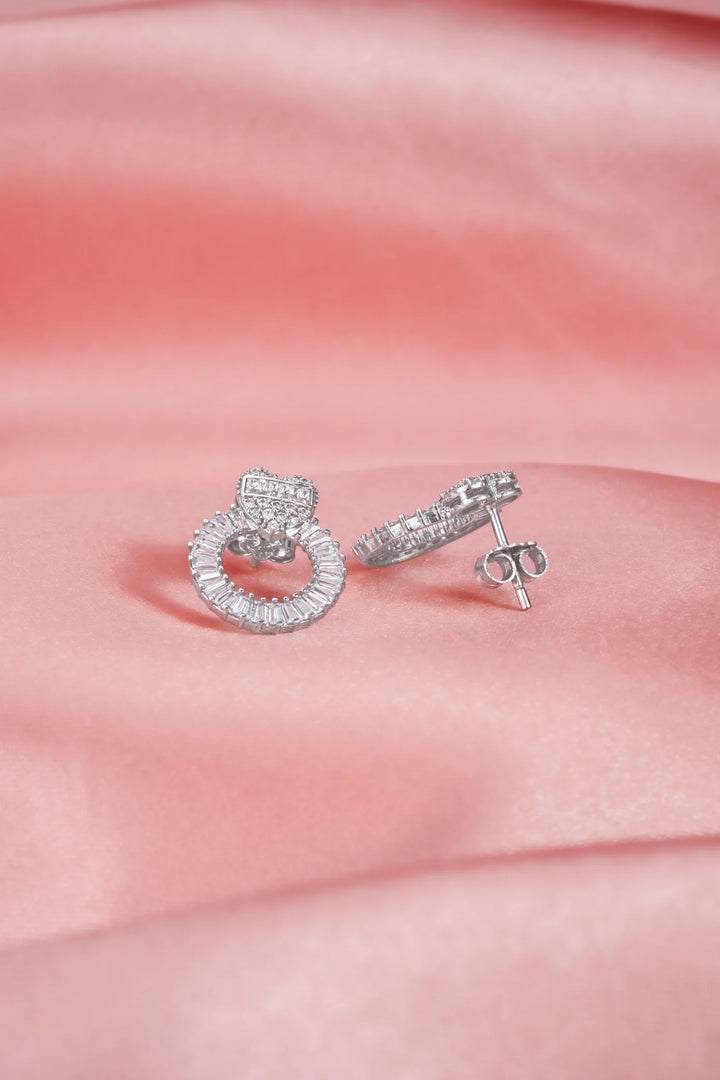 Bông Tai Tròn Tim Baguette Đính Đá CZ Kiểu Ý Bảo Tín K&K