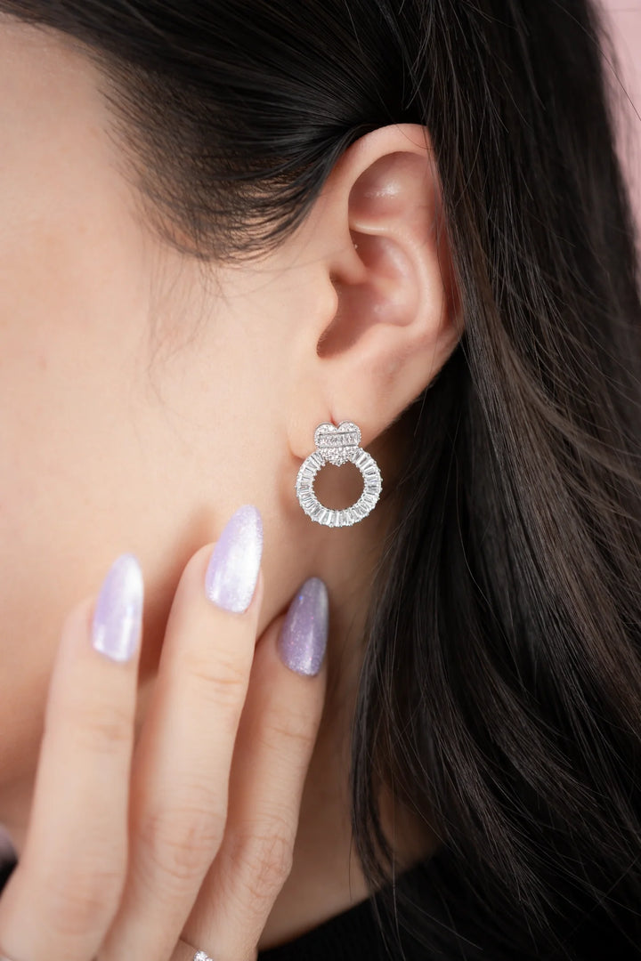 Bông Tai Tròn Tim Baguette Đính Đá CZ Kiểu Ý Bảo Tín K&K