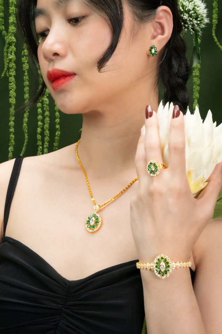 Bông Tai Kiểu Đá Xanh Lá Đính Đá CZ Vàng 16K Bảo Tín K&K