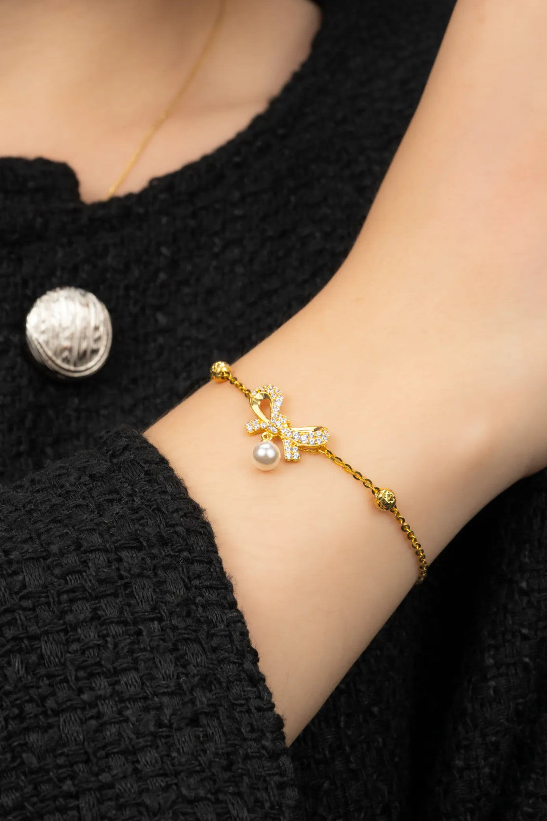 Lắc Tay Nơ Tấm Hột Bẹt Vàng 16K đính đá CZ Bảo Tín K&K