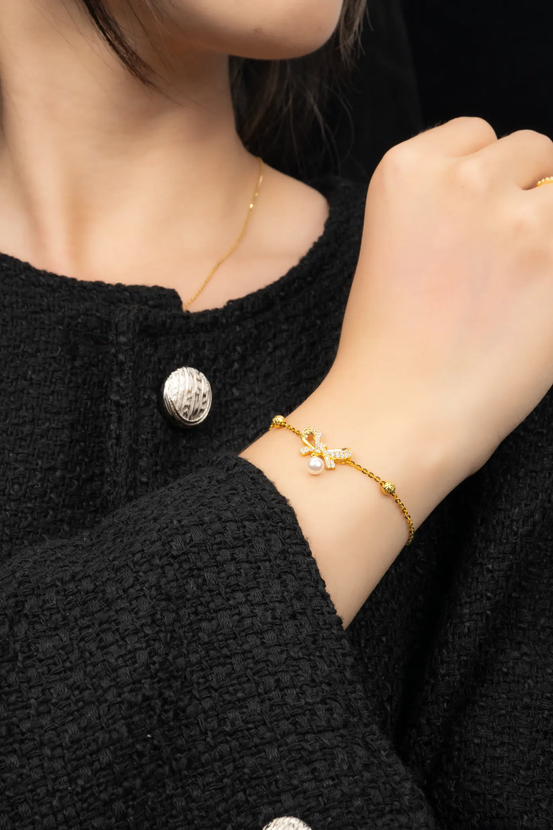 Lắc Tay Nơ Tấm Hột Bẹt Vàng 16K đính đá CZ Bảo Tín K&K