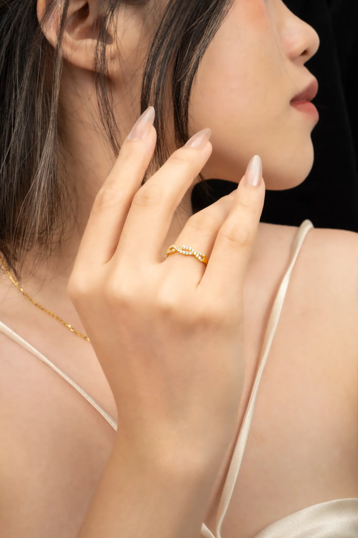 Nhẫn Kiểu Xoắn Đôi Tấm Vàng 16K đính đá CZ Bảo Tín K&K