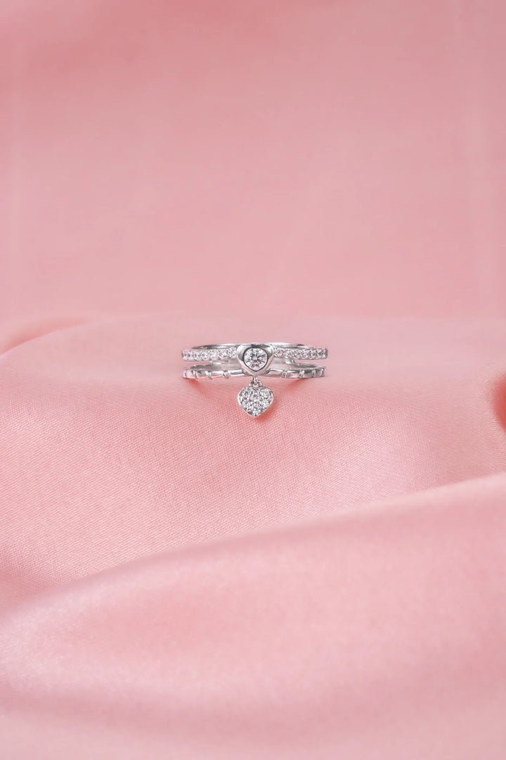 Nhẫn Hai Viền Charm Trái Tim Đính Đá CZ Kiểu Ý 750 Bảo Tín K&K