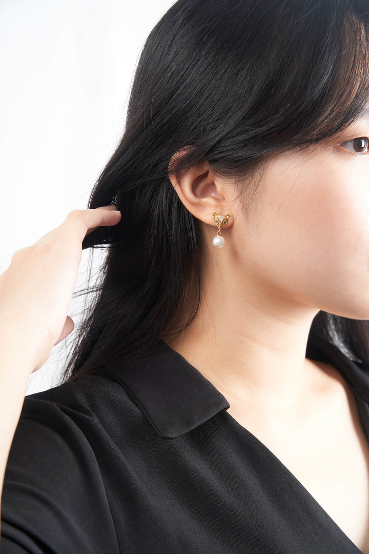 Bông tai vàng cáo tấm Bảo Tín K&K Vàng 18K đính Đá cao cấp, Ngọc trai nhân tạo