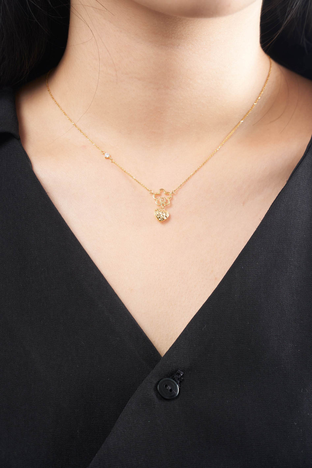 Dây chuyền vàng liền mặt hoa 5 cánh tim móc máy Bảo Tín K&K Vàng 14K đính Đá cao cấp