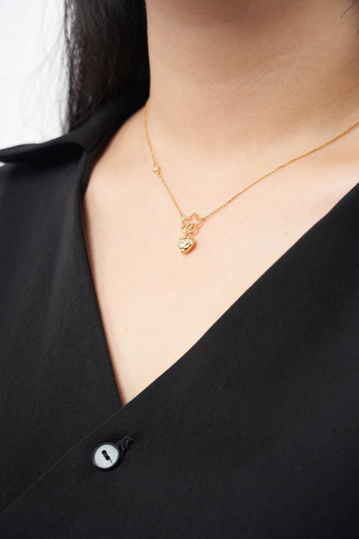 Dây chuyền vàng liền mặt hoa 5 cánh tim móc máy Bảo Tín K&K Vàng 14K đính Đá cao cấp