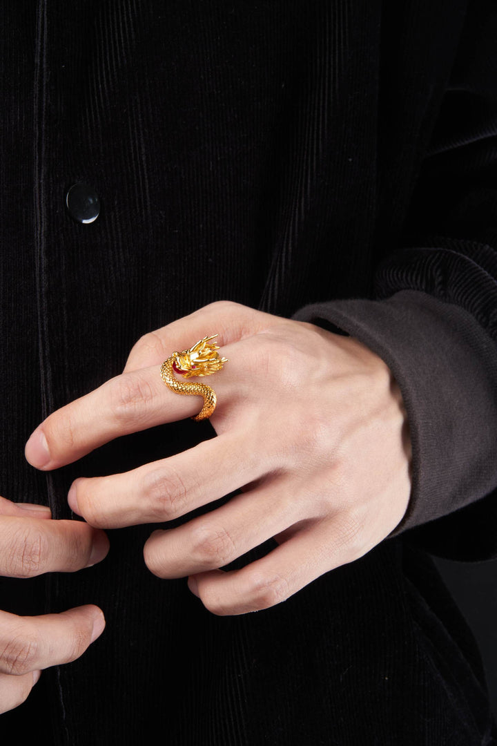 Nhẫn vàng nam rồng ngậm hột đỏ Bảo Tín K&K Vàng 18K đính Đá màu